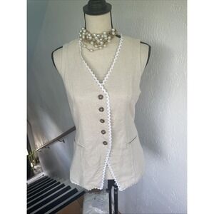 Bagatelle Collection Linen Blend Button Vest Lace‎ Trim V-neck Pockets Sz Small